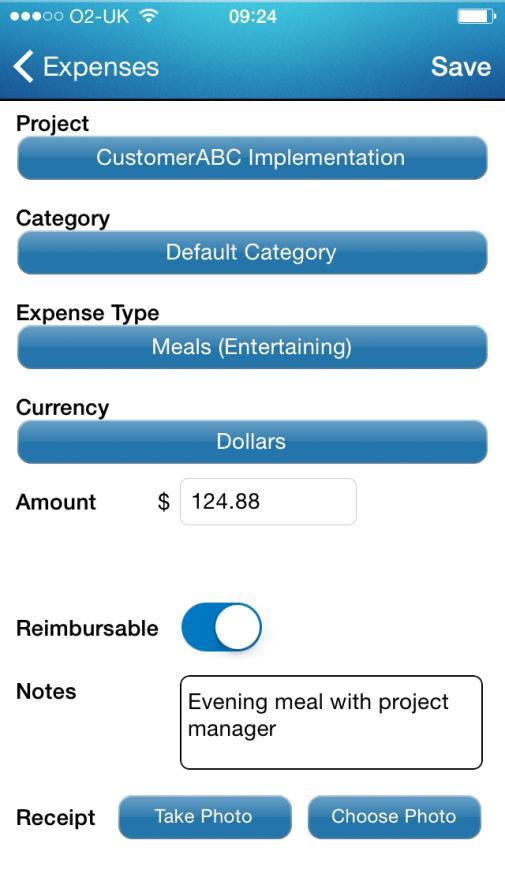 Adding a New Expense Item On the Expenses screen, tap the + button on the navigation bar. The Add Expense screen will be displayed where you can fill in the following expense details.