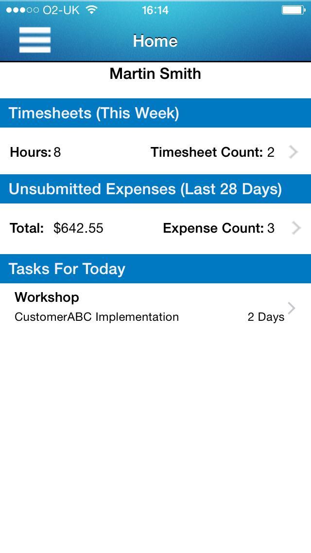 Home Screen The Home screen is the first screen displayed after logging into the app. The following information is displayed: Total timesheet hours entered this week.