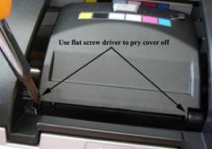5) Push ink button on printer to move head into ink change position, then UNPLUG