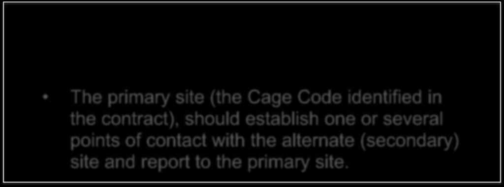 Subcontractor Control - 5-05 Primary Site Designation with Alternate Site s Point of Contact The primary site (the Cage Code identified