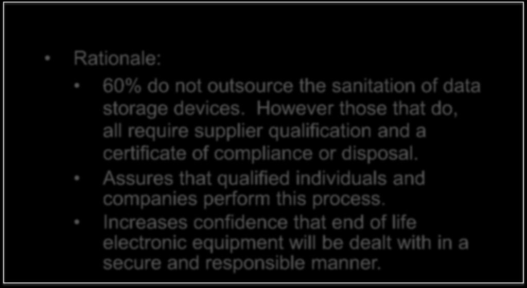 Relief of Stewardship - 7-05 Qualification of 3 rd Party for sanitization or disposal of data storage devices Rationale: 60% do not outsource the sanitation of data storage devices.