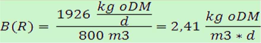 Example for calculation: Organic loading rate B R Work volume = 800 m³ Substrate Substrate [t/a] odm [%FM] odm [t/a] odm [kg/d] attle manure 2200 9,0% 198 542 Leftovers 700 17,0% 119 326