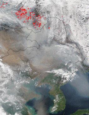 Asian Biomass Burning and Pollution Event MODIS Image from 5/8/03 MODIS image shows smoke from Russian fires transported over China and Japan on May 8, 2003