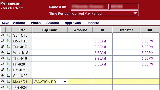 Entering Pay Codes To record a vacation day or another attendance item (i.e. Floater Day, Sick Day, OT Banked Out), you need to select the appropriate pay code to record the hours against it.