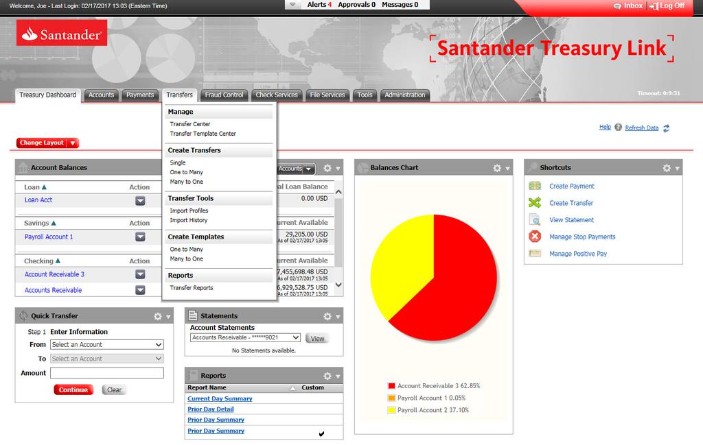 8. TRANSFERS MODULE MOVE FUNDS BETWEEN SANTANDER ACCOUNTS The Transfers module allows you to initiate funds transfers between your Santander accounts.