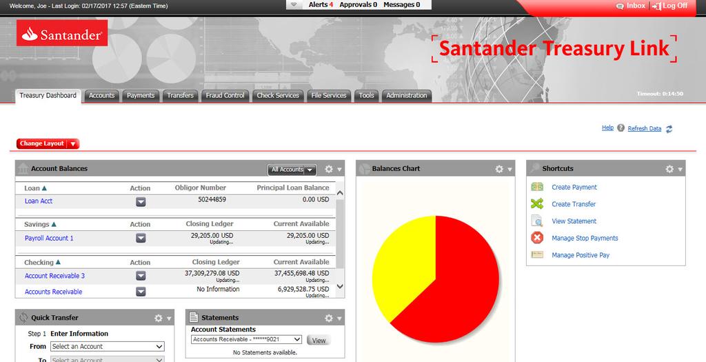 3. ALERTS AND NOTIFICATION CENTER Once you have successfully logged on to Santander Treasury Link, you will notice an alert and notification center that is always positioned at the top of your screen