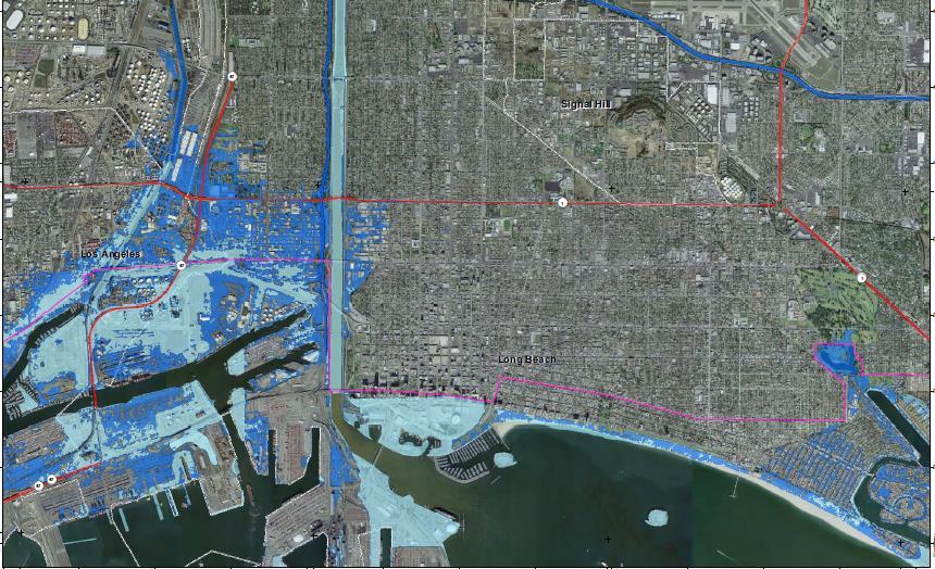 Long Beach Light blue = current 100-yr floodplain Dark blue =
