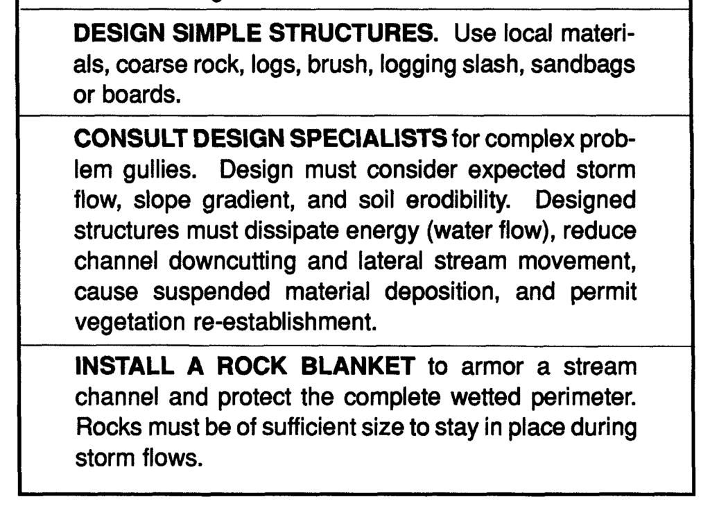 Use local materials, coarse rock, logs, brush, logging slash, sandbags or boards. CONSULT DESIGN SPECIALISTS for complex problem gullies.