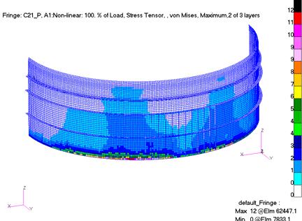766 MPa in reflected impact case at shoulder part (see Table 3), according to the results of nonlinear FE analysis, von Mises stress distribution in the side structures are