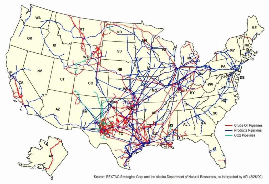Major US Pipelines Different colors indicate different products