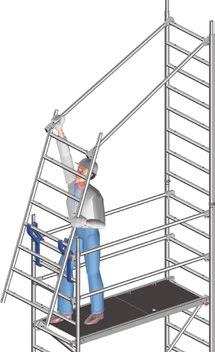Swing the ladder frame 11 with guardrails 16 upwards, fit it in place and secure it