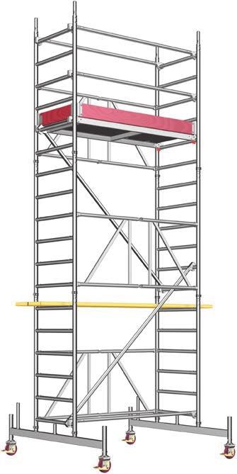 To complete the working platform, install 3 guardrails 16, toe boards 25 and end toe boards 26. 1. Open the second basic tower 9 and firmly snap in the joint in the folding part.