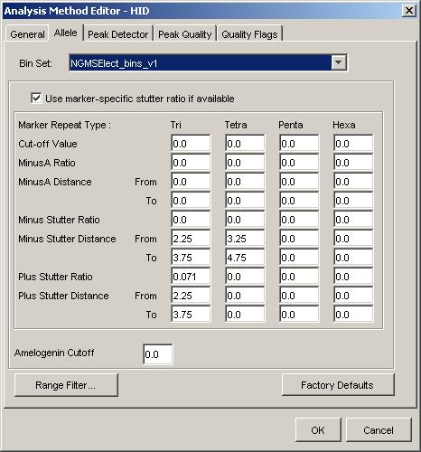 Section 4.1 Data Analysis Allele tab settings In the Bin Set field, select the NGMSElect_bins_v1 bin set imported previously and configure the stutter distance parameters as shown.