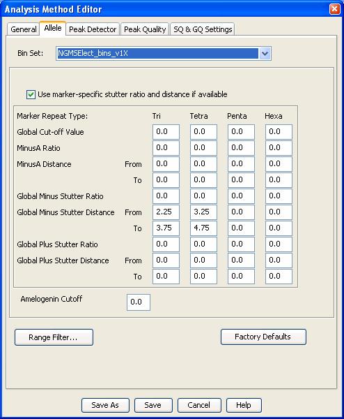 Set up GeneMapper ID-X Software for data analysis Allele tab settings In the Bin Set field, select the NGMSElect_bins_v1X bin set imported previously and configure the stutter distance parameters as
