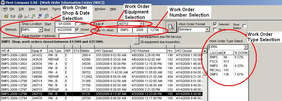 Work Order Type, key performance indicator At a glance the shop manager can see how many work orders are open with a percentage based on the total equipment assigned to the shop.