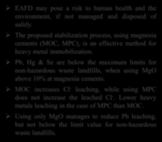 The proposed stabilization process, using magnesia cements (MOC, MPC), is an effective method for heavy