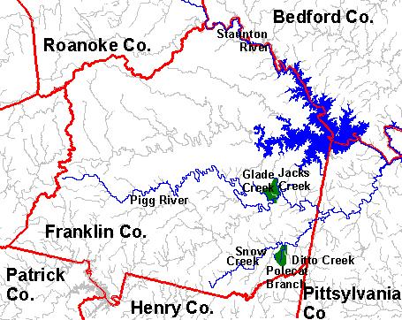 Map 4.3 Franklin County Virginia showing Pigg River flowing under Smith Mountain Lake and into Leesville Lake along the border of Franklin and Pittsylvania counties.