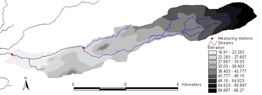 Figure 1: Topography of the study area. Based on the mask, created out of this generated watershed, we defined the study area for the use in WetSpa.