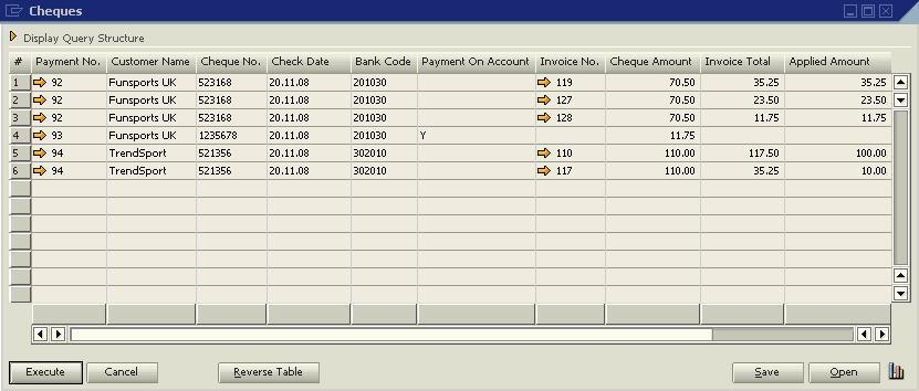The query result displays the cheque number, cheque amount, amount applied to invoice, BP Code and others.