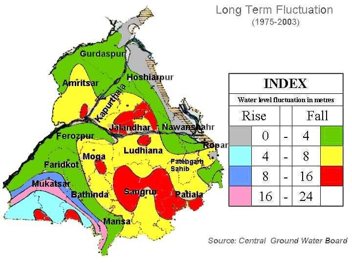 Above map shows the long term water level fluctuations of Punjab State. Drought hazard increases due to the fall of water level.