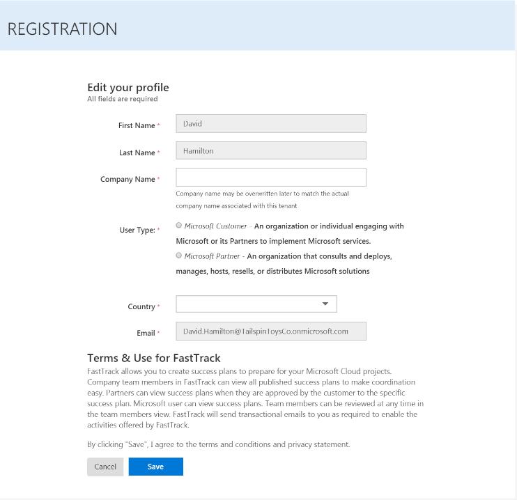 6. Enter your company name, select that you are a Microsoft customer, and enter