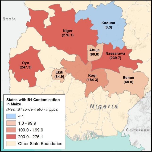 Figure 1: Aflatoxin B1 Contamination in Maize and Groundnuts Aflatoxin-mitigating measures are not routinely practiced in Nigeria (except by some suppliers to the animal feed industry or certain