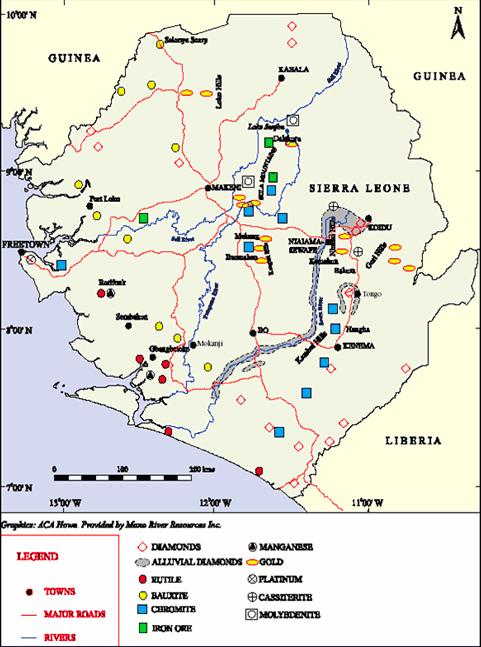 I. INTRODUCTION- MINERAL RESOURCE ENDOWMENTS Map 1: Sierra Leone s Known Deposits of Mineral Resources