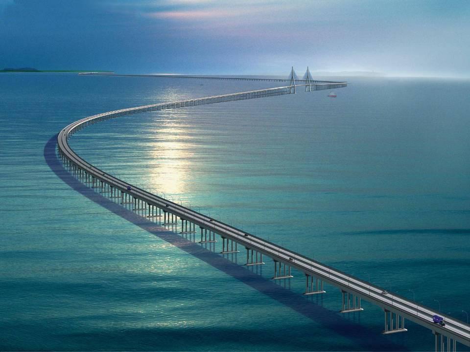 Donghai Bridge (East Sea Bridge) Length: 32.5 kilometers. Twoway. With a barrier between the two directions.