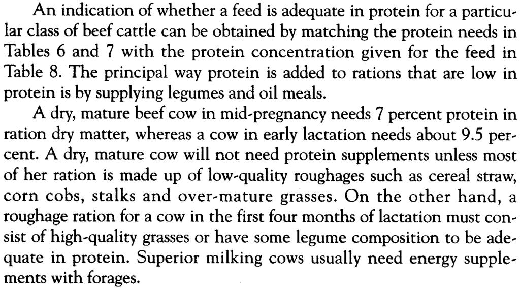 An indication of whether a feed is adequate in protein for a particular class of beef cattle can be obtained by matching the protein needs in Tables 6 and 7 with the protein concentration given for