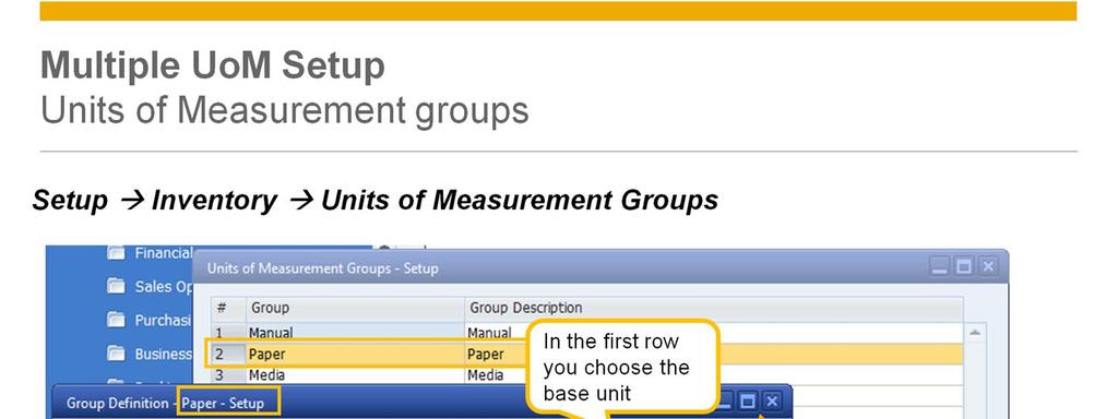 The Units of measurement group is a set of UoM codes that are used for specific item types. Each UoM group has a base UoM code.
