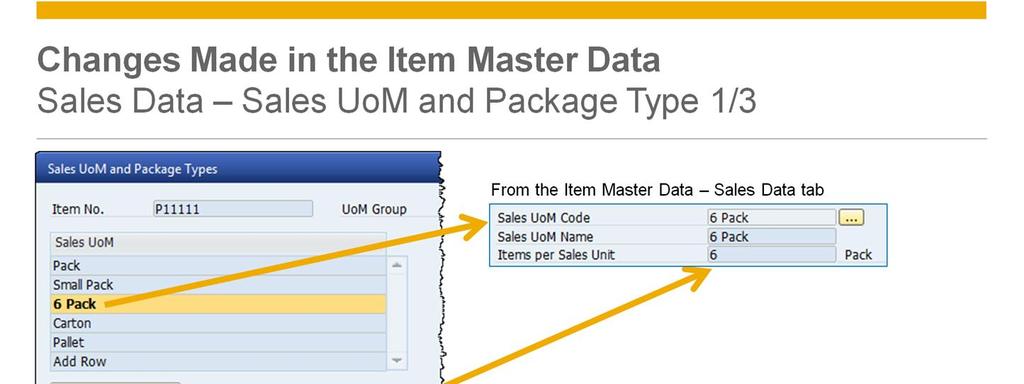 In the sales UoM and Package Types window, we define the UoM data, measurement data and packaging data for each item. In the graphic, we see the left side of the Sales UoM and Package Types window.