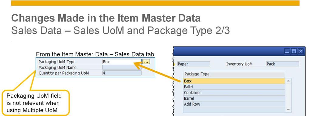 In the graphic, we now see the right hand side of the Sales UoM and Package Type window. On this side we see the package information for each item.
