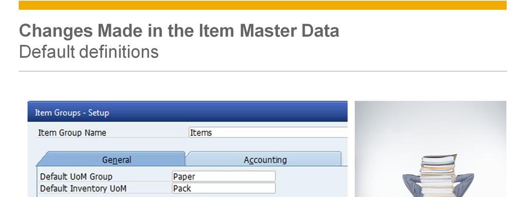 SAP Business One allows you to define default values for the UoM group and Inventory UoM by Item group.