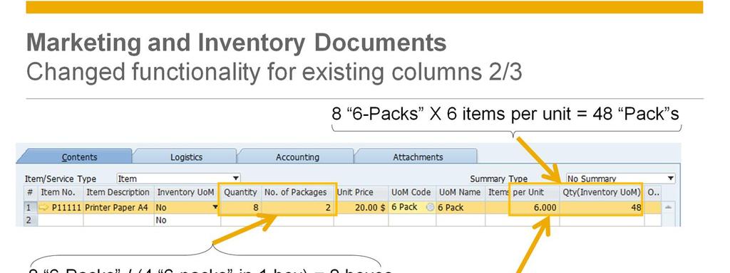 The Number of Packages field is now a calculation of the quantity entered in the row, divided by the quantity per package, that is defined in the Sales/ Purchasing UoM and Package Type window.