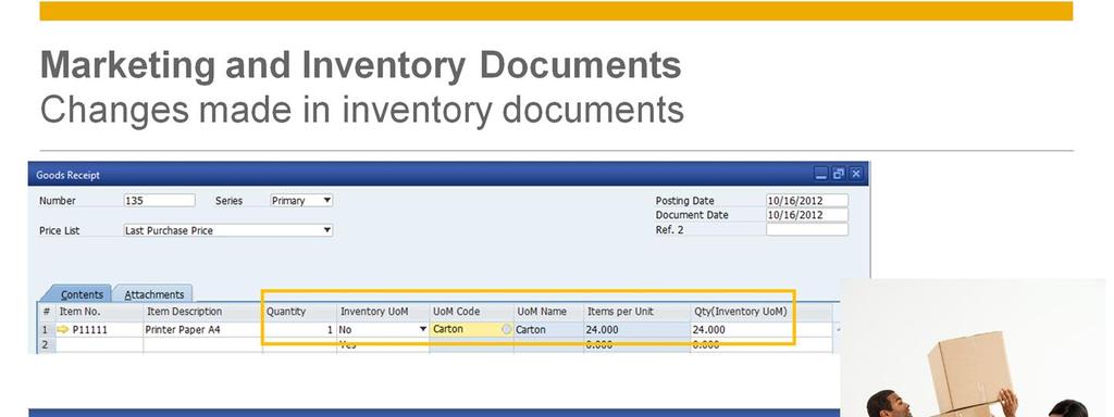 All inventory documents and landed costs support the multiple UoM solution.