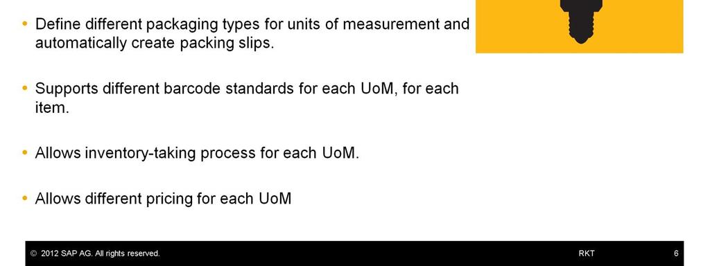 In this slide we go over the benefits of the new Multiple UoM solution. The Multiple UoM allows you to define several purchasing and sales units of measurement for each item Prior to the 9.