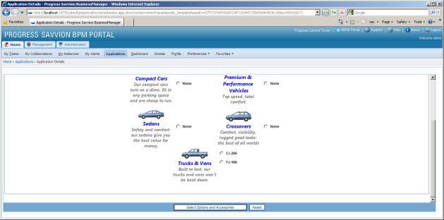 I can start up an instance of a Savvion business process called CustomerOrderVehicle, which leads a customer through