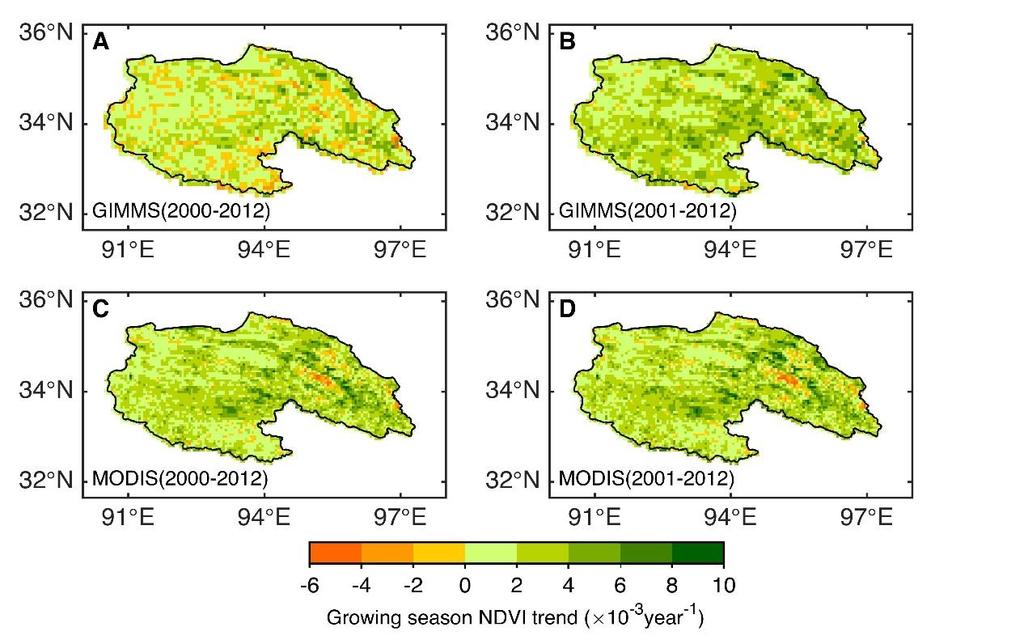 Figure S1. Spatial distribution of growing-season NDVI trends using the two datasets. A GIMMS (2000-2012); B.