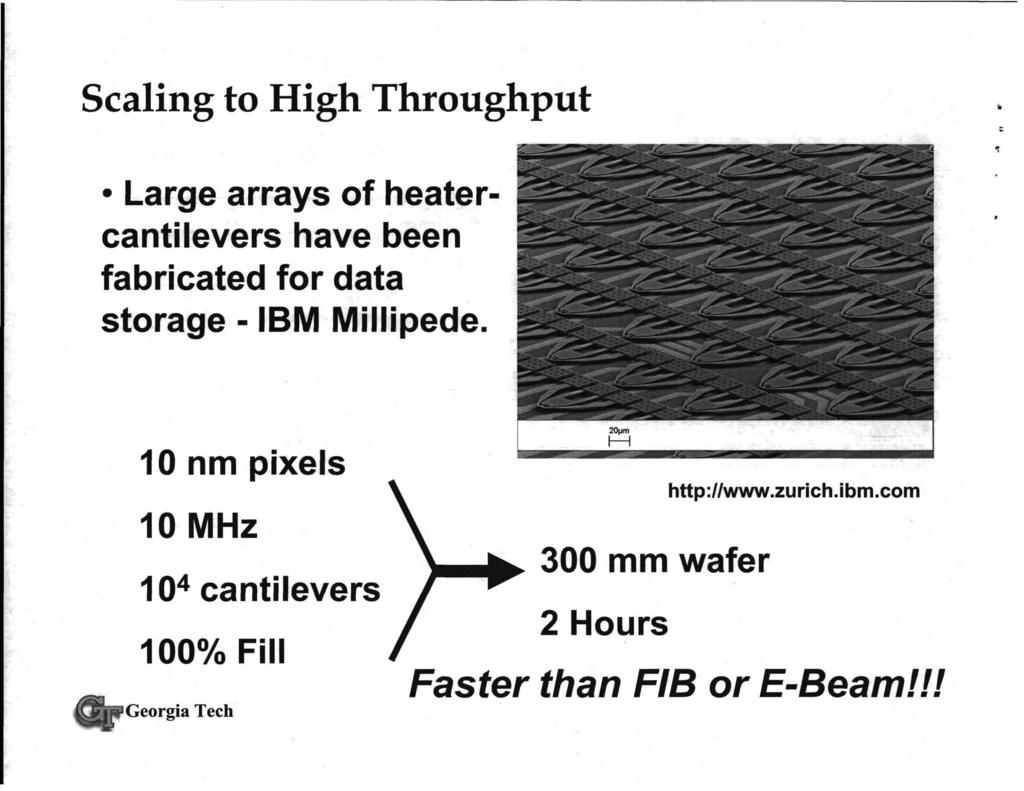 Scaling to High Throughput Large arrays of heatercantilevers have been fabricated for data storage - IBM Millipede.