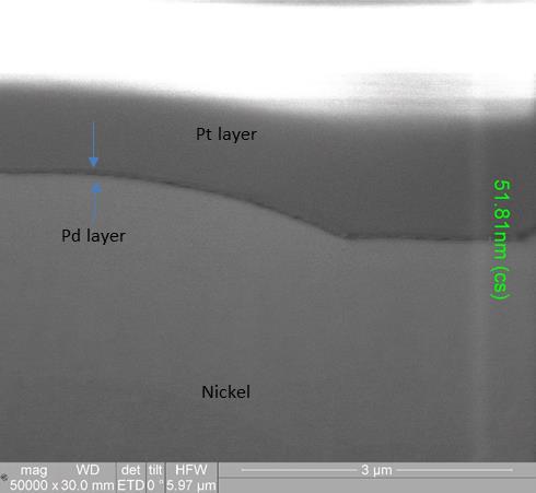 Figure 7: FIB Image of the 3 microinch Electroless Nickel/Electroless Palladium Deposit (50000X Magnification) Figure 6: FIB Image of the ENIG Deposit (50000X Magnification) Electroless