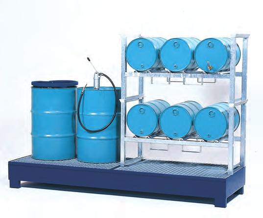 K17-1909 4 Drum Spill Pallet with a Transport Rack for three 16-gallon drums and a Transport Rack for two 55-gallon drums. (Dispensing Shelf not included.