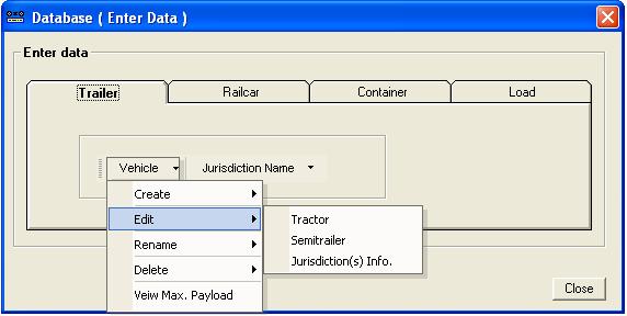 4.1.2 Vehicle - Edit Edit menu allows editing Tractor, Semitrailer or Jurisdiction(s) Info. For Tractor and Semitrailer you can edit all information except the name or ID.