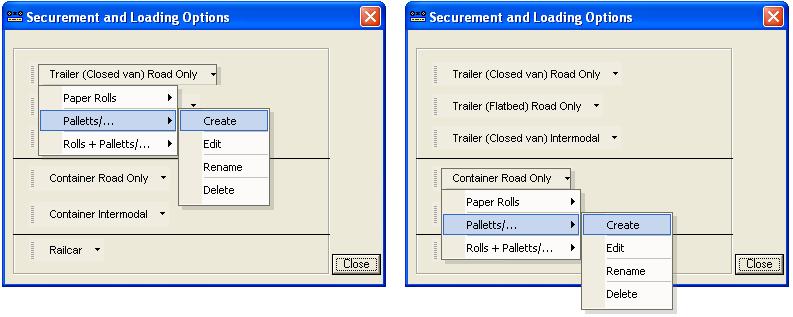 b) For Trailer/Container (Road Only) Palletts/ Under the Trailer/Container Road Only Select Palletts/, Create. Securement Options tab will display as follows.