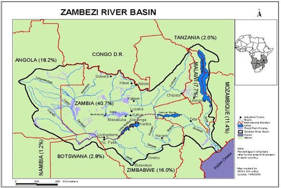 include the Chavuma Falls at the border between Zambia and Angola, and Ngonye Falls, in Western Zambia. Three large lakes lie within this basin.