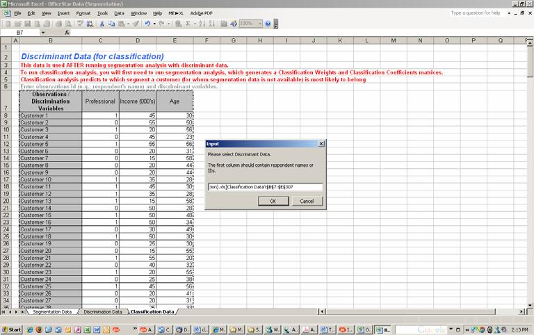 Go back to the OfficeStar workbook, and manually select the discriminant data