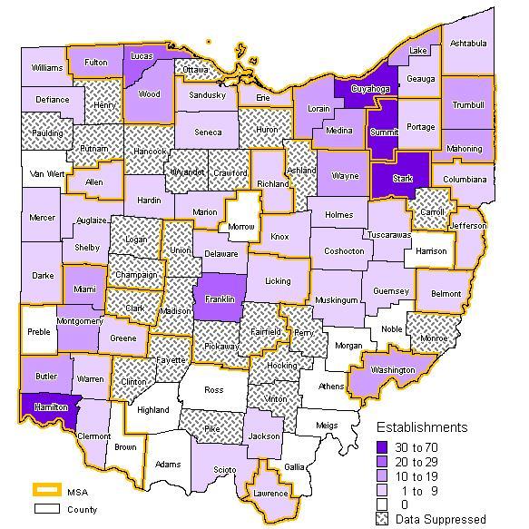 Electricity-intensive manufacturing base establishments are heavily concentrated in Northeast Ohio (Figure 10), especially among Cuyahoga, Summit, and Stark counties, which are parts of the
