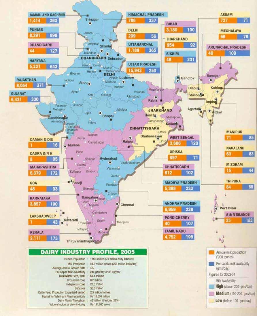 Figure 3.7 Dairy Map of India Source: Dairy India, 2007 Table 3.8 clearly highlights that there are regions of concentrated milk production in the country.