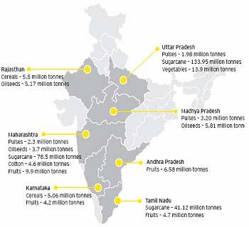 The industries from the food-processing sector are mainly based in Andhra Pradesh, Rajasthan, Uttar Pradesh, Madhya Pradesh, Tamil Nadu, Karnataka, and Maharashtra (see Figure 3.16).