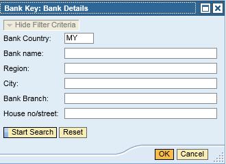 Clicking on the selection box will open up a Bank Key Search.