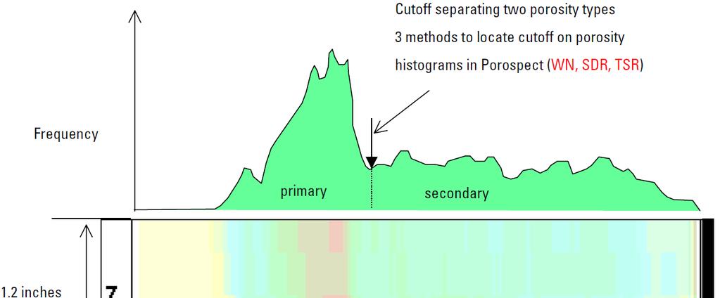 On such histograms, the points from the high porosity ends represent leached pores (vugs or moulds) and fracture fractions of porosity.